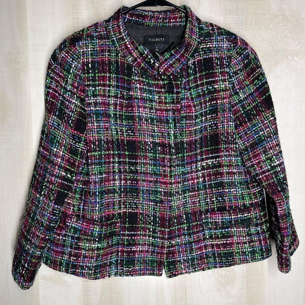 Talbots black and multi color tweed blazer 3 button, size 8